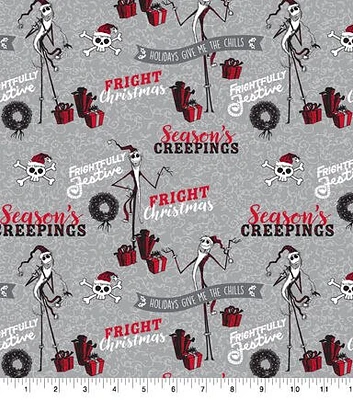 Season's Creepings on Gray Nightmare Before Christmas Cotton Fabric