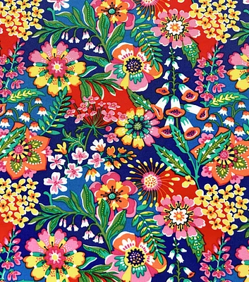 Multicolor Mod Floral on Blue Rayon Challis Fabric