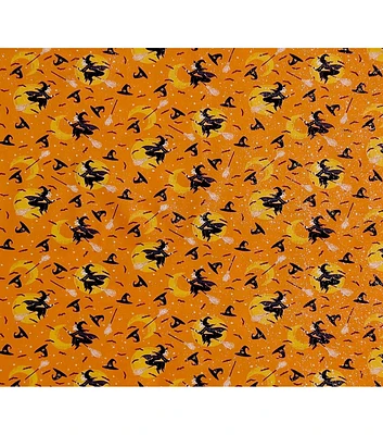 Flying Witches on Orange Halloween Glitter Cotton Fabric