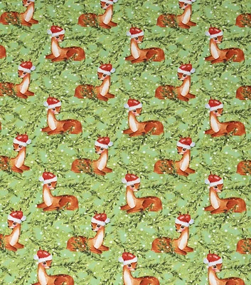 SINGER Santas Reindeer on Green Pine Leaves Christmas Cotton Fabric