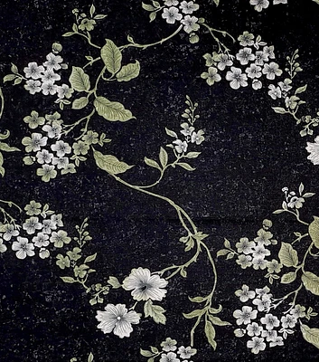 Floral Vines on Black Cotton Canvas Fabric