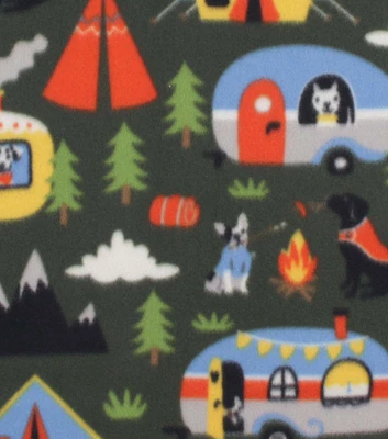 Camping Dogs on Green Blizzard Fleece Fabric