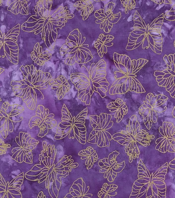 Purple Butterfly Batik Metallic Cotton Fabric