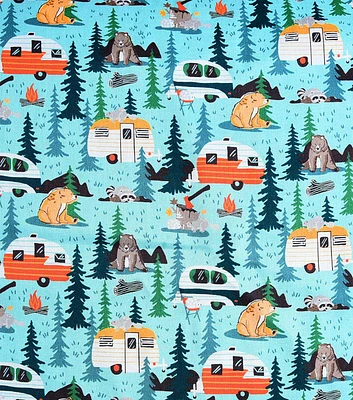 Camping Friends on Blue Novelty Cotton Fabric