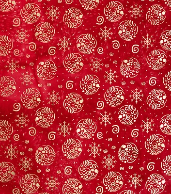 Ornaments & Snowflakes on Red Christmas Metallic Cotton Fabric