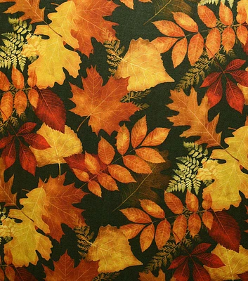 Leaves on Green Fall Cotton Fabric