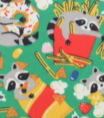 Raccoons in Junk Food on Green Blizzard Fleece Fabric