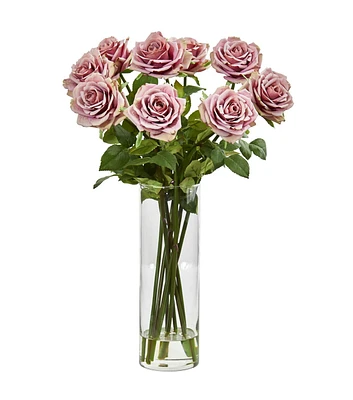 Nearly Natural 19" Pink Rose Artificial Arrangement in Cylinder Vase