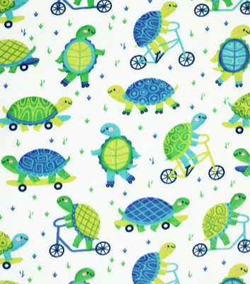 Green Turtles on Bikes Anti Pill Plush Fleece Fabric