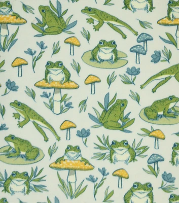 Green Frogs on Mushrooms Anti Pill Plush Fleece Fabric