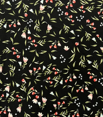 Tulip Floral on Black Silky Fabric