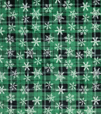 Snowflakes on Green Tartan Plaid Sew Lush Fleece Fabric