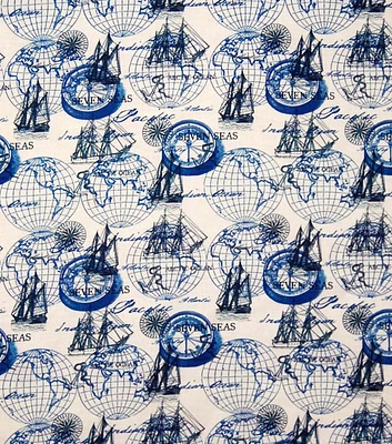 Nautical Ships on White Premium Cotton Fabric