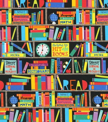 Robert Kaufman School Library on Black Novelty Cotton Fabric