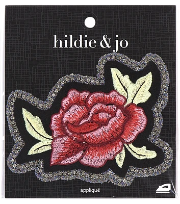 4" x 3" Pink Rose With Glitter Edge Iron On Patch by hildie & jo