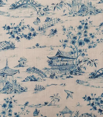 Blue Toile Print Slub Linen Fabric