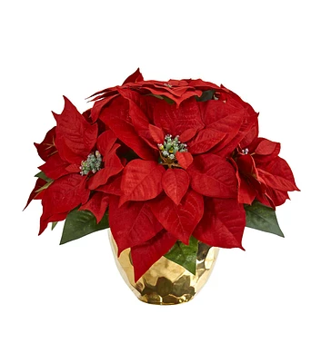 Nearly Natural 11" Red Poinsettia Artificial Arrangement in Golden Vase