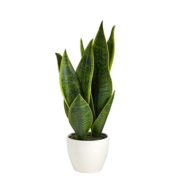 Nearly Natural 16" Artificial Sansevieria Plant in White Planter