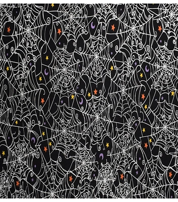 Halloween Spider Web & Stars On Black Cotton Fabric