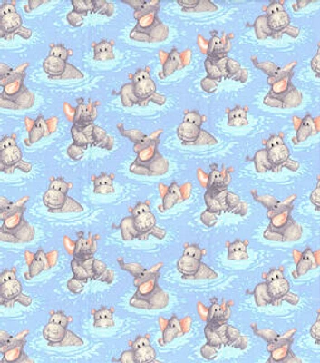 Hippo Babies Playing In Water Nursery Cotton Fabric