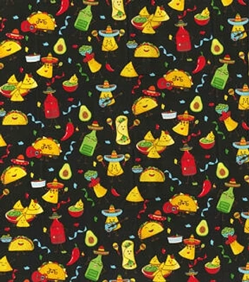 Taco Party on Black Novelty Cotton Fabric