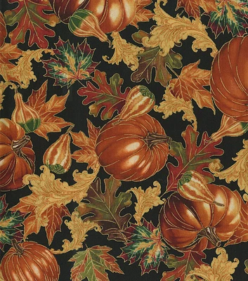 Hi Fashion Pumpkin Harvest on Black Harvest Metallic Cotton Fabric