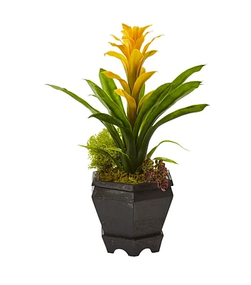 Nearly Natural 16.5" Yellow Bromeliad in Black Hexagon Planter