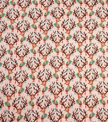 Retro Deer on Pink Christmas Cotton Fabric