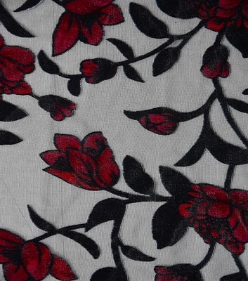 Red Floral Velvet on Black Mesh Fabric