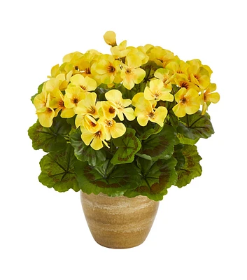 Nearly Natural 11" Spring UV Resistant Yellow Geranium Artificial Plant in Ceramic Planter