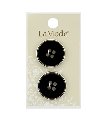 La Mode 1" Black 4 Hole Buttons With Silver Rim 2pk