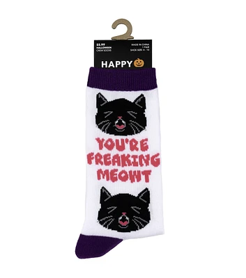 1 Pair Halloween Freaking Meowt White Crew Socks by Happy Value