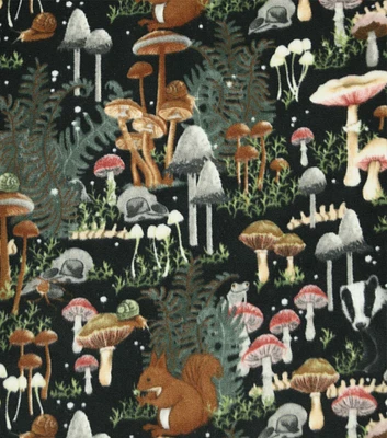 Mushroom Creatures on Black Anti Pill Plush Fleece Fabric