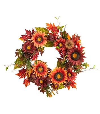 Nearly Natural 24" Fall Autumn Sunflower Pumpkin Pinecone & Berries Artificial Wreath