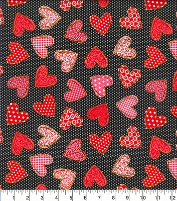 Fabric Traditions Hearts on Black Valentine's Day Glitter Cotton Fabric