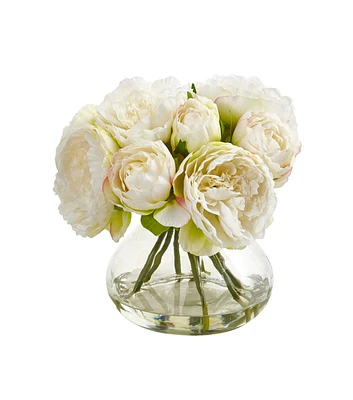 Nearly Natural 10" White Peony Artificial Arrangement in Vase