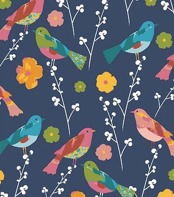 Stitch & Sparkle Birds of a Feather on Blue Cotton Fabric