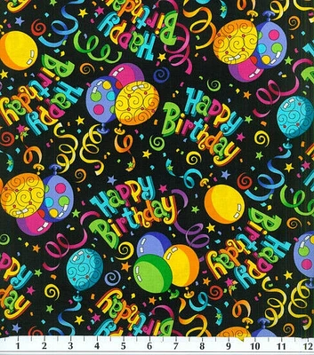 Hi Fashion Happy Birthday on Black Novelty Cotton Fabric