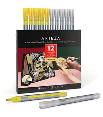 Arteza Oil-Based Paint Markers, Silver & Gold - Set of 12