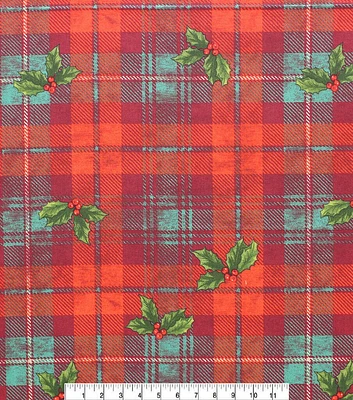 Holly Leaves on Plaid Christmas Cotton Fabric