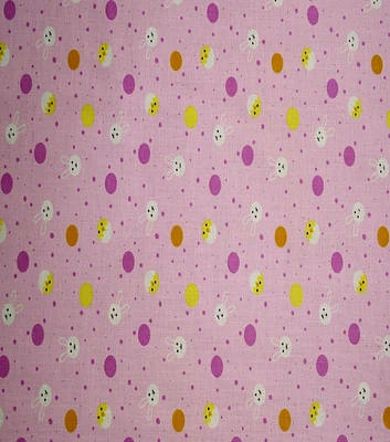 Chicks & Bunny on Pink Easter Cotton Fabric