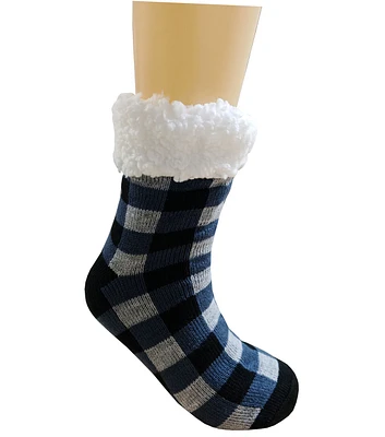 1 Pair Christmas Black & Blue Plaid Sherpa Socks