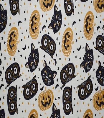 Halloween Cat Heads on Cotton Fabric