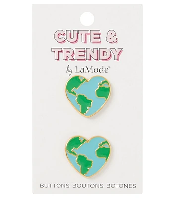 La Mode 3/4" Blue & Green Earth Heart Buttons 2pk