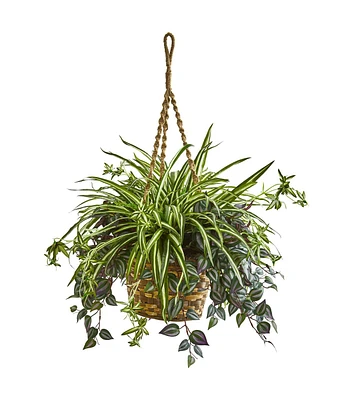 Nearly Natural 30" Wandering Jew & Spider Plant in Hanging Basket