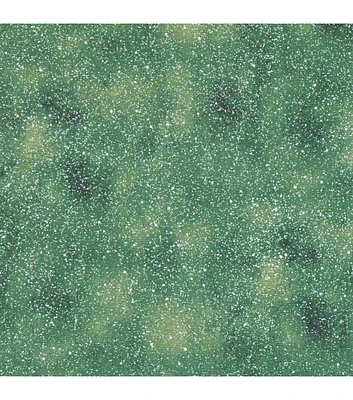 Green Sky Scene With Snow Christmas Glitter Cotton Fabric