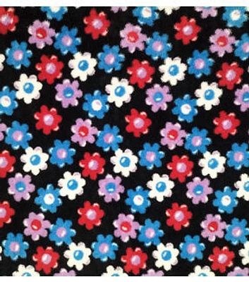 Printed Terry Retro Daisy on Black Terry Cloth Fabric