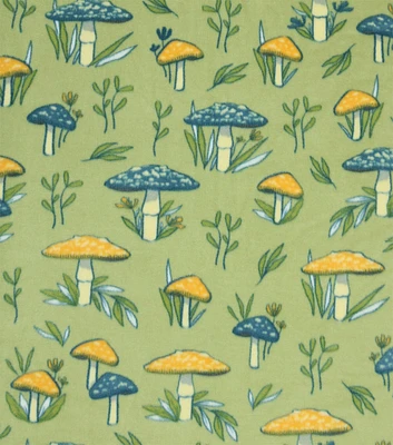 Mushrooms & Leaves on Green Anti Pill Plush Fleece Fabric