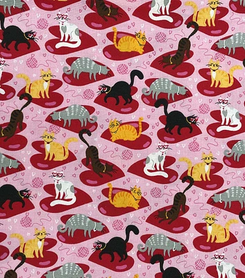 Valentine's Day Cats & Hearts on Pink Cotton Fabric