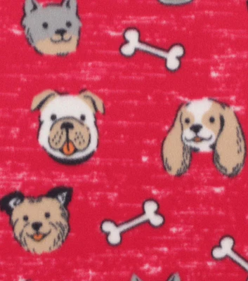 Dog Faces With Bones on Red Blizzard Fleece Fabric